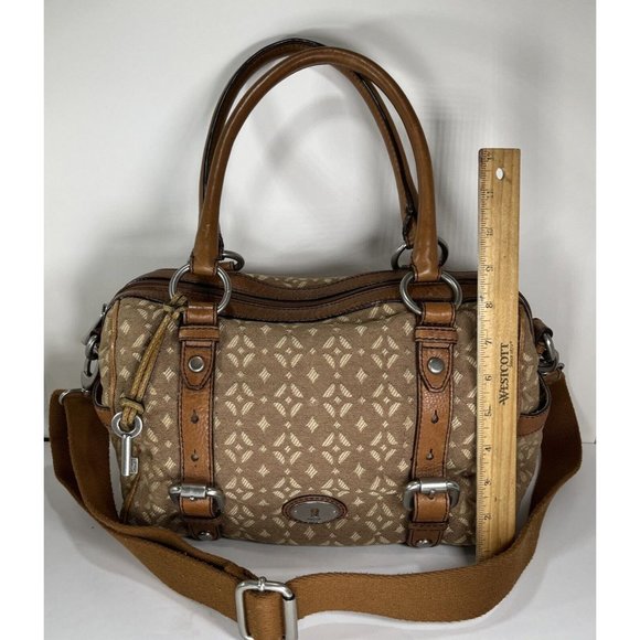 Fossil Brown Patterned Fabric and Leather Satchel Shoulder Bag - Picture 8 of 12